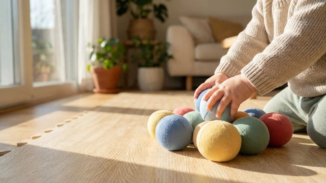 Ballons jouets souples colorés pour bébé 12-24 mois sur tapis d'éveil avec mains de tout-petit