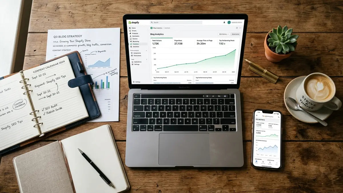 Tableau de bord Shopify blog avec graphique croissance organique et plan SEO 6 mois