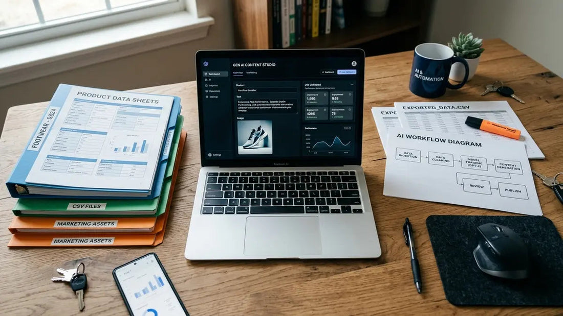 Workspace montrant fiches produits générées par IA, diagrammes workflows et dossiers organisés sur bureau moderne