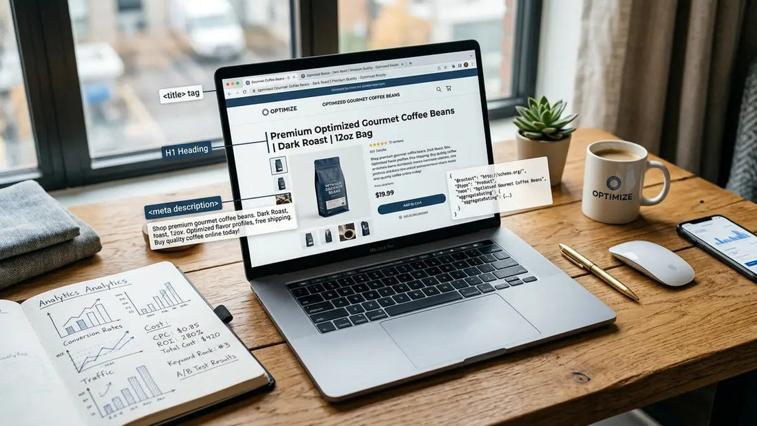 Fiche produit SEO optimisée affichée sur laptop avec éléments de référencement et graphiques analytiques