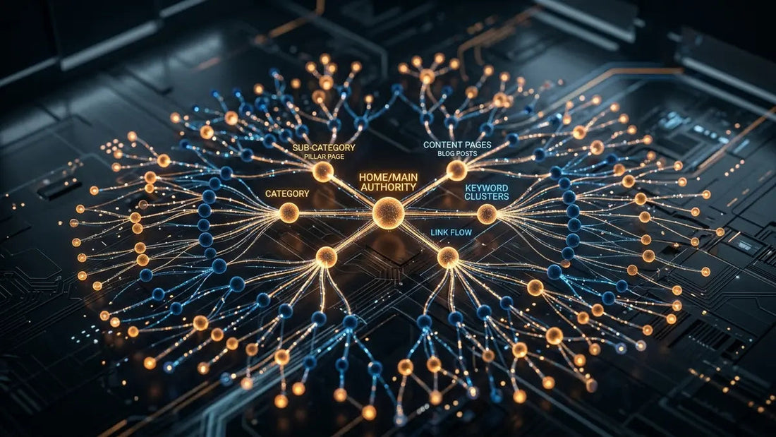 Réseau de nœuds interconnectés illustrant la structure de maillage interne et l'architecture SEO en cocon sémantique