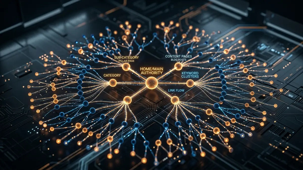 Réseau de nœuds interconnectés illustrant la structure de maillage interne et l'architecture SEO en cocon sémantique