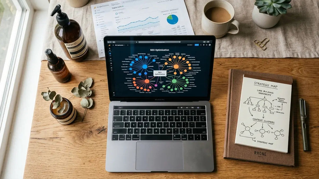 Diagramme de maillage interne et cocon sémantique sur écran avec produits cosmétiques et schémas stratégiques SEO