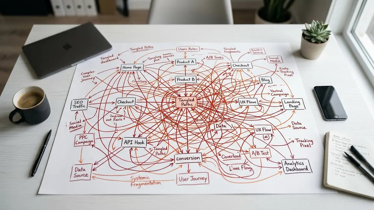 Diagramme d'architecture web complexe montrant la fragmentation SEO des collections Shopify et maillage interne