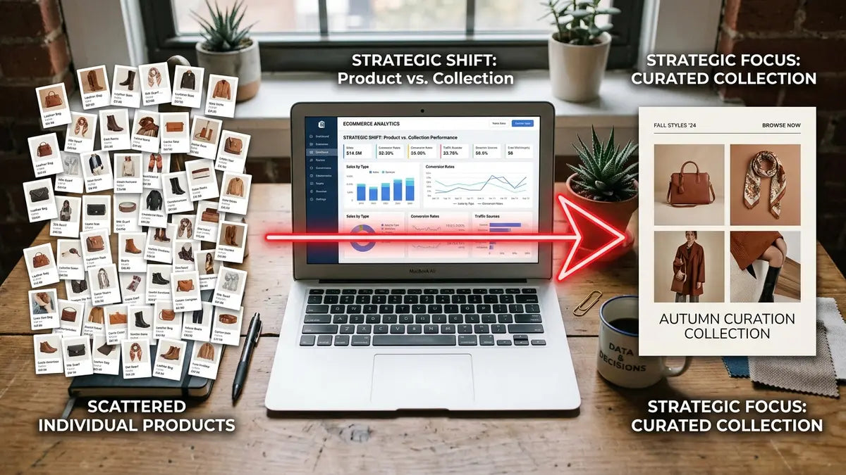 Stratégie SEO Shopify : tableau de bord analytics avec pages collection mises en avant plutôt que fiches produits