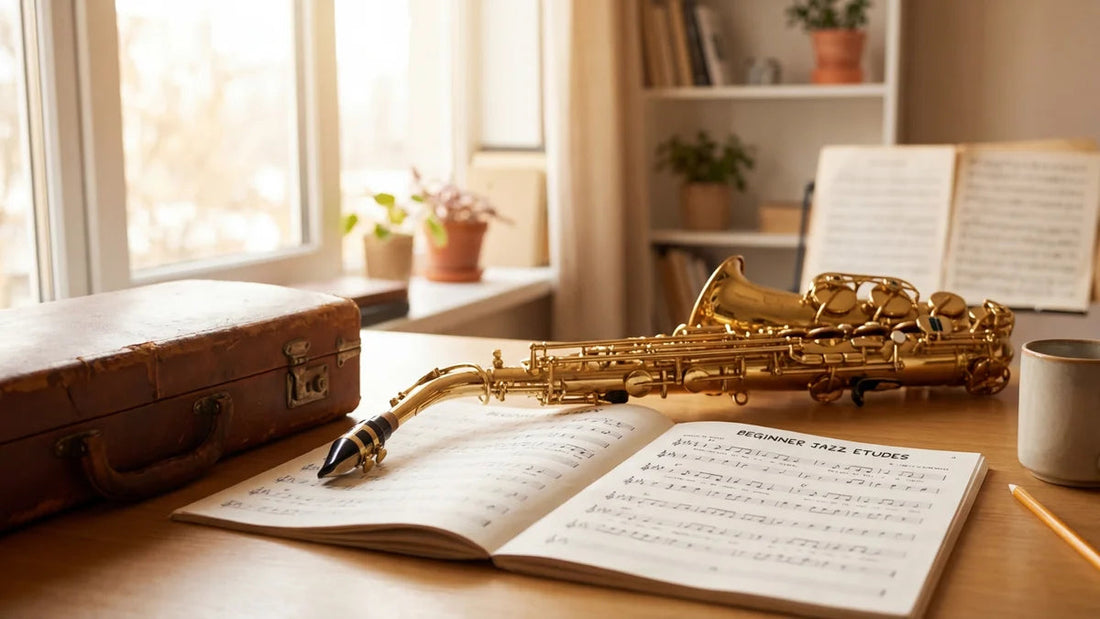 Saxophone alto doré sur partition musicale près d'une fenêtre ensoleillée pour débuter