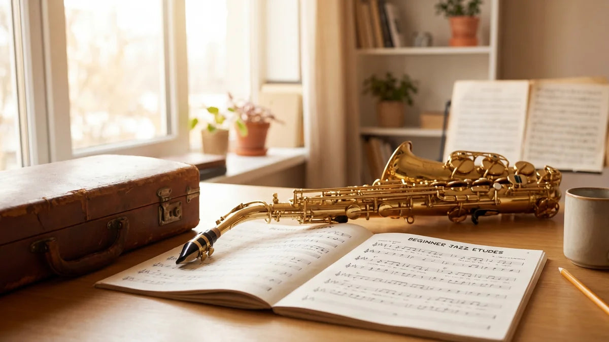 Saxophone alto doré sur partition musicale près d'une fenêtre ensoleillée pour débuter