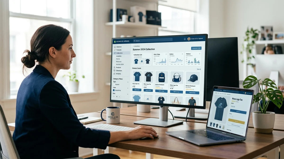 Dashboard Shopify montrant l'optimisation SEO des collections et fiches produits pour 2026