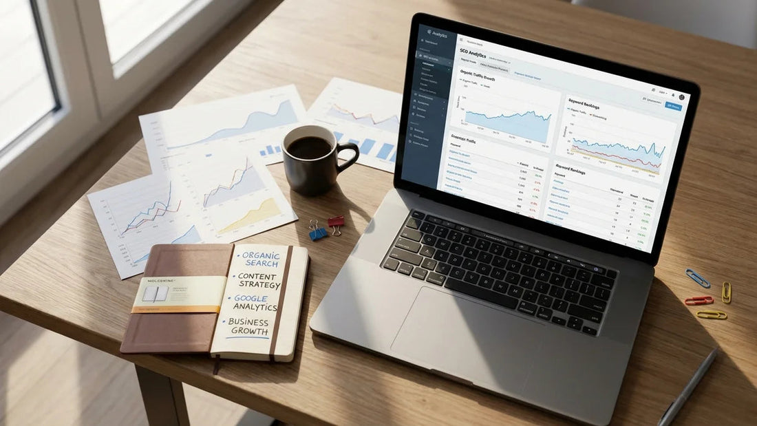 Tableau de bord SEO avec graphiques de recherche organique et mots-clés pour optimiser le trafic e-commerce