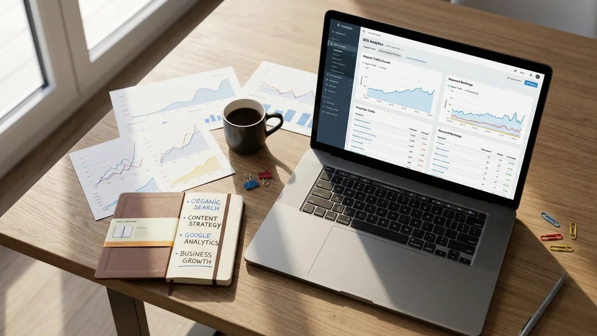 Tableau de bord SEO avec graphiques de recherche organique et mots-clés pour optimiser le trafic e-commerce