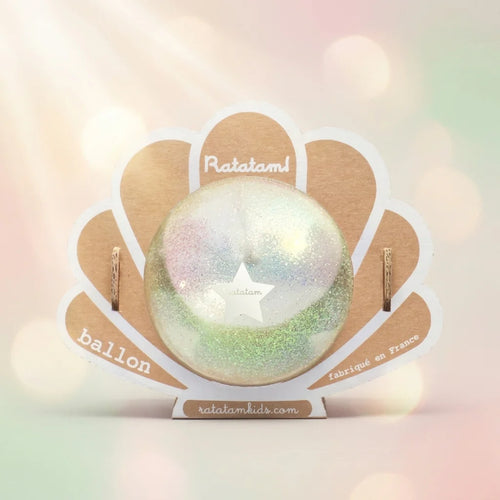 Ballon coquillage blanc 10 cm avec dégradé irisé rose et vert sur fond pastel
