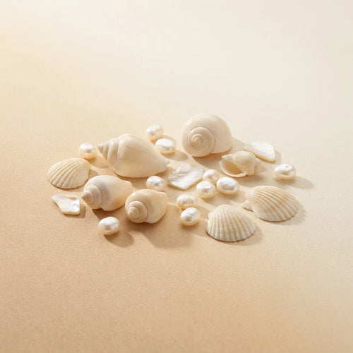 Ballon coquillage blanc 10 cm avec coquilles et éléments perlés sur fond sableux