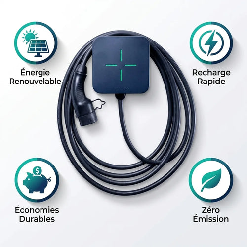 Borne de recharge solaire LEKTRICO 7,4kW-22kW avec icônes avantages énergie renouvelable