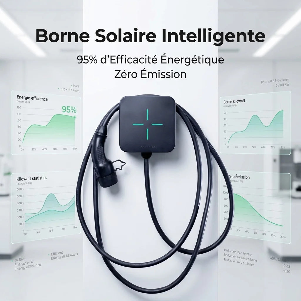 Borne de recharge solaire LEKTRICO 22kW avec indicateurs turquoise et données d'efficacité énergétique