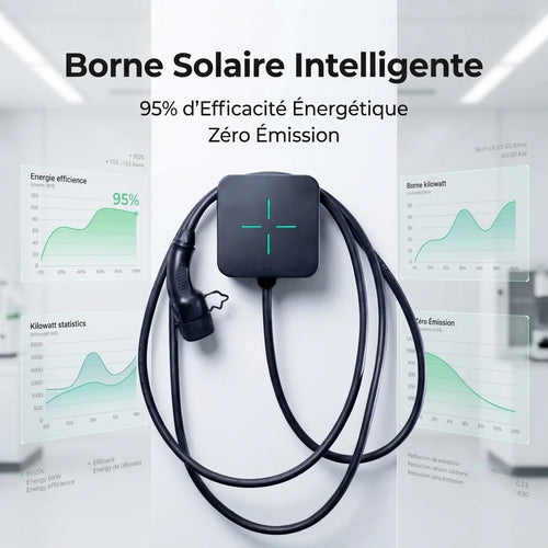 Borne de recharge solaire LEKTRICO 22kW avec indicateurs turquoise et données d'efficacité énergétique