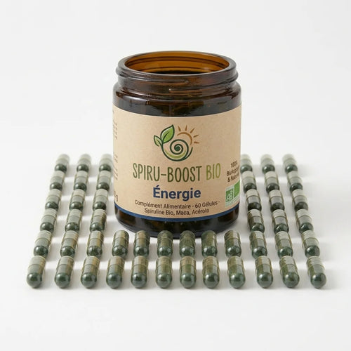 Flacon Spiru-Boost Bio avec 60 capsules d'énergie, complément alimentaire biologique