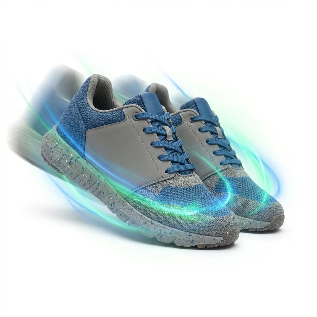 Baskets Eco-Stride recyclées bleues et grises sur fond blanc, design durable et performant