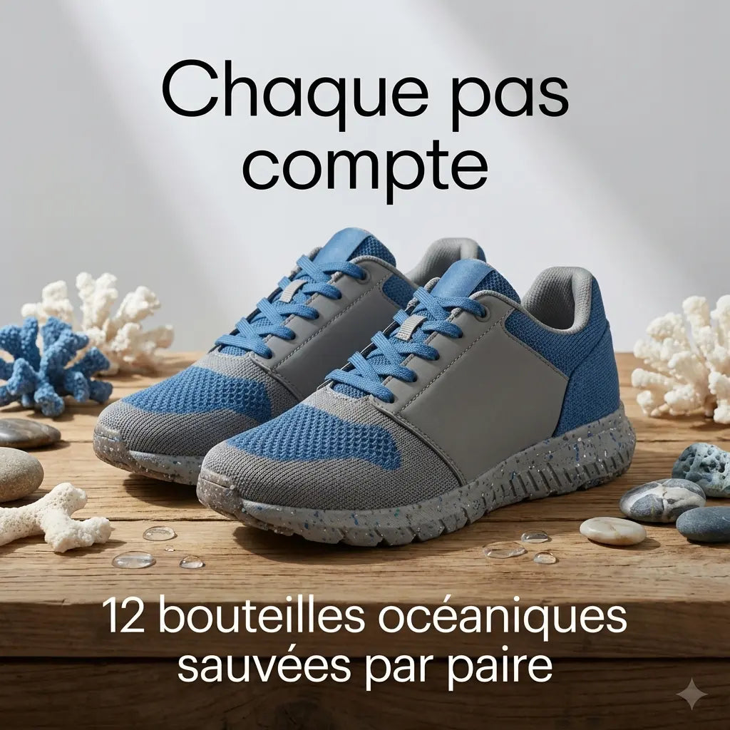 Baskets Eco-Stride recyclées bleues sur surface bois entourées d'éléments marins, "Chaque pas compte"