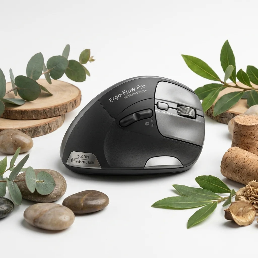 Ergo-Flow Pro souris ergonomique design premium sur fond blanc avec éléments naturels