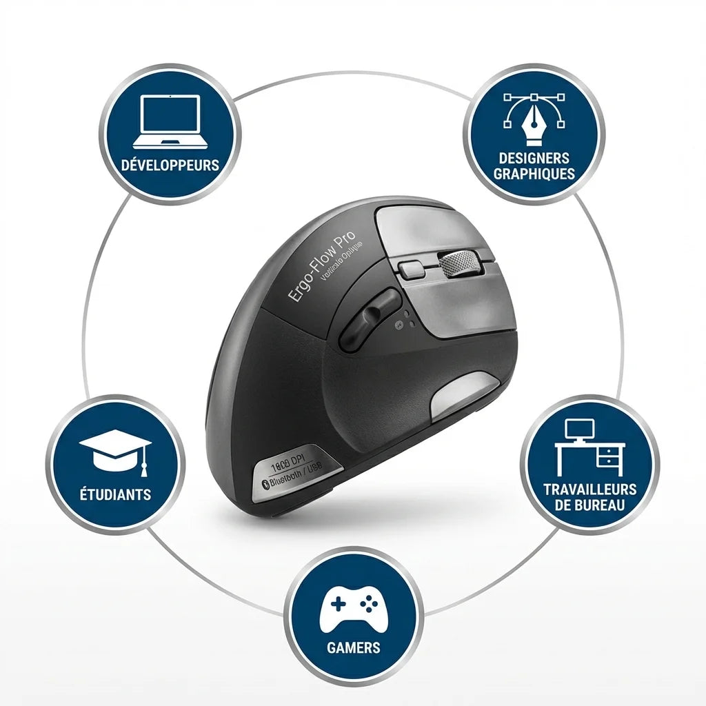 Souris ergonomique Ergo-Flow Pro verticale avec infographie des utilisateurs : développeurs, designers, gamers, étudiants