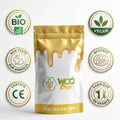 Fleurs CBD Trim Green 100g Woo Bee certifiées Bio AB avec badges qualité sur fond blanc