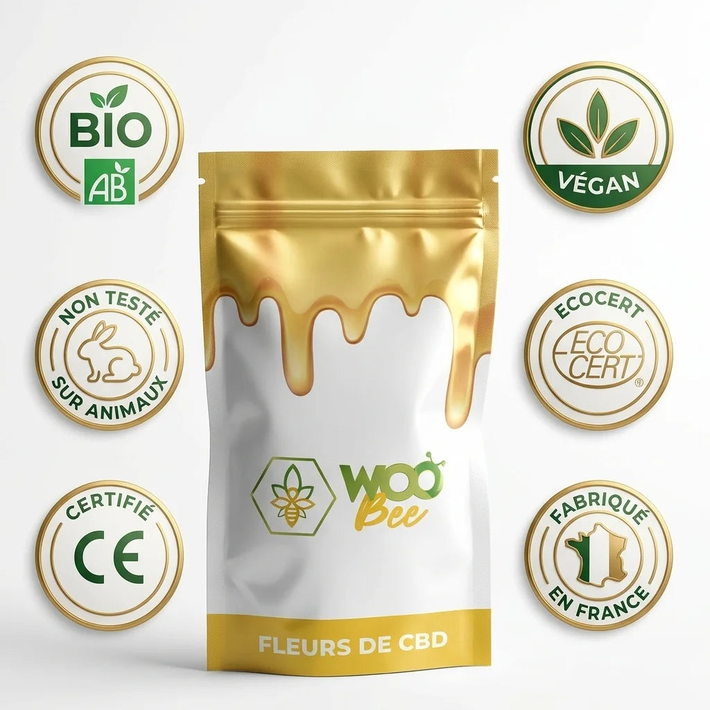 Fleurs CBD Trim Green 100g Woo Bee certifiées Bio AB avec badges qualité sur fond blanc