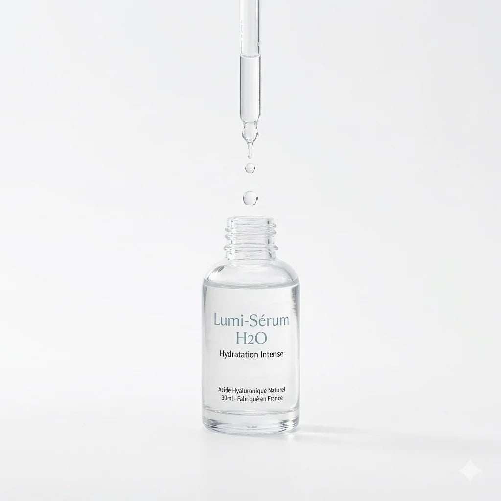 Sérum Lumi-Sérum H2O avec compte-gouttes, dosage précis et texture premium en photographie studio