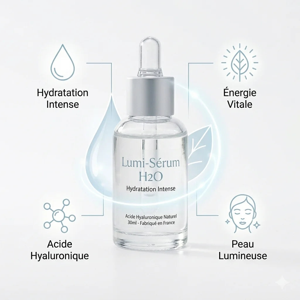Lumi-Sérum H2O avec infographie benefits - hydratation intense, acide hyaluronique, peau lumineuse
