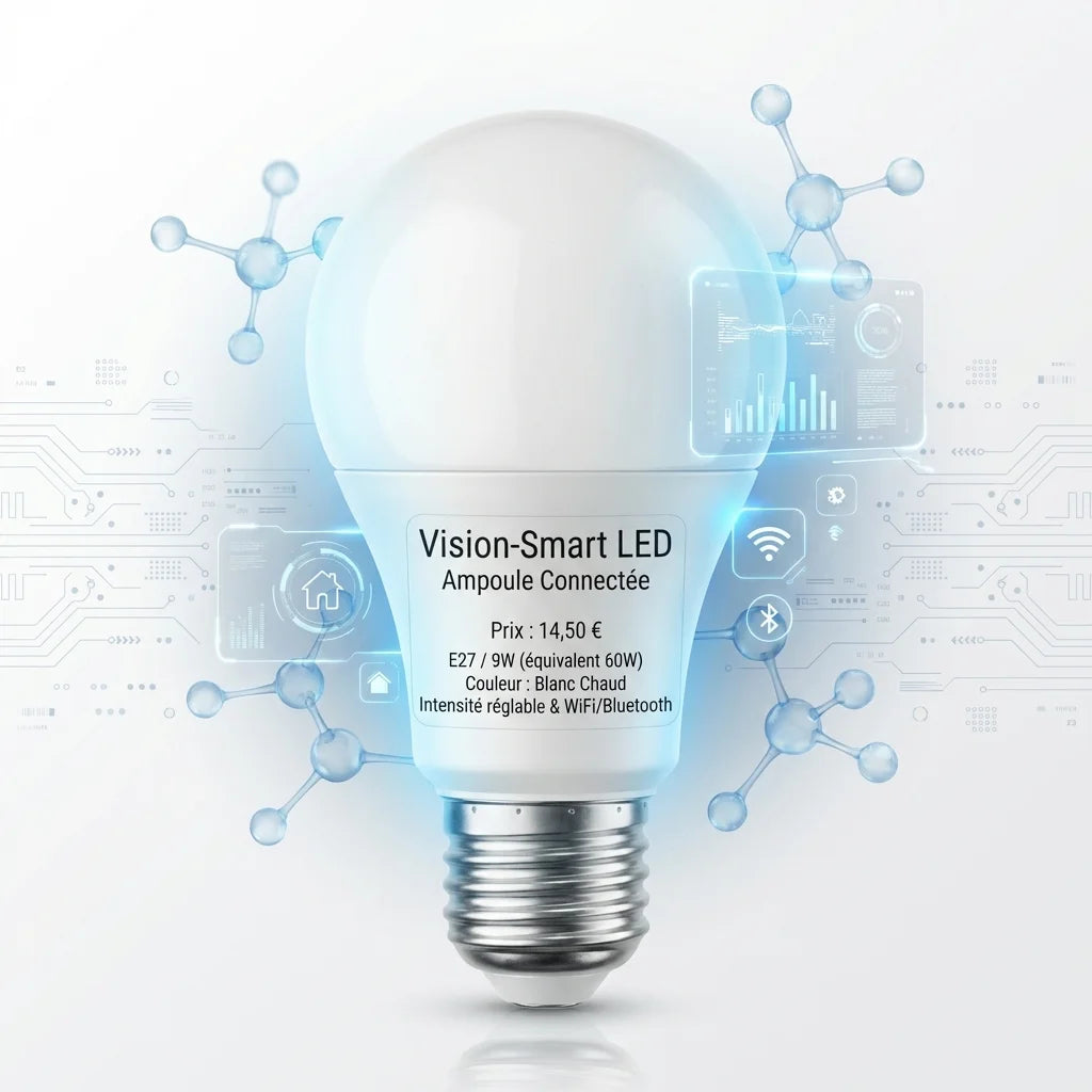 Vision-Smart LED ampoule connectée intelligente avec packaging sur fond scientifique minimaliste