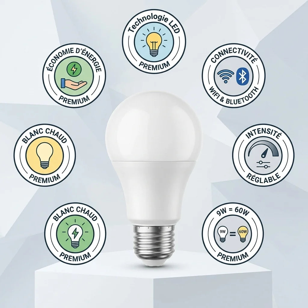 Ampoule LED connectée Vision-Smart E27 avec spécifications WiFi, intensité réglable et économies d'énergie
